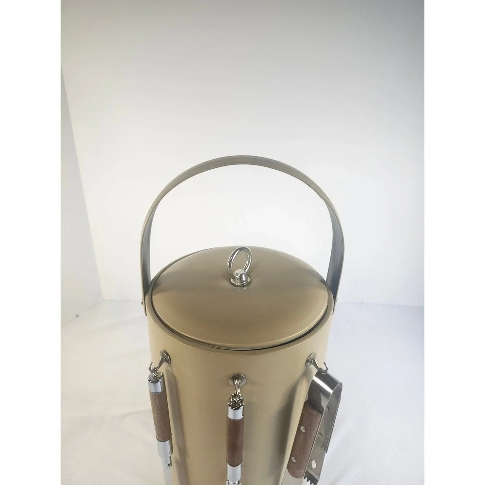 Vintage Mid Century Modern Ice Bucket Tan Vinyl Wood Handle Bar Tools Set MCM